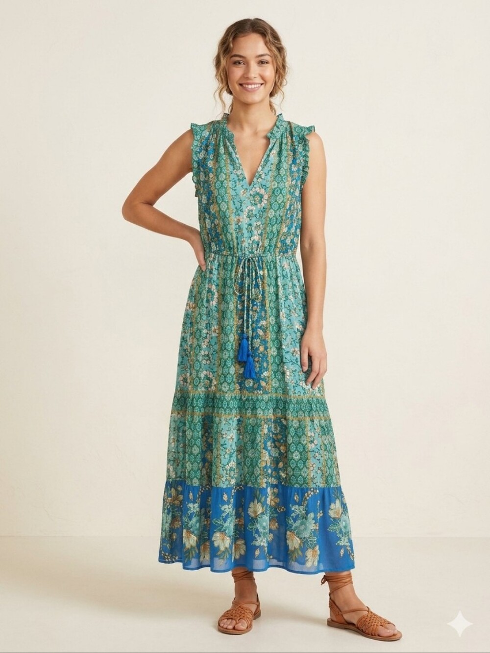 Knox Rose Sleeveless Teal Blue and Green Mixed Floral Maxi Dress-M, NWT